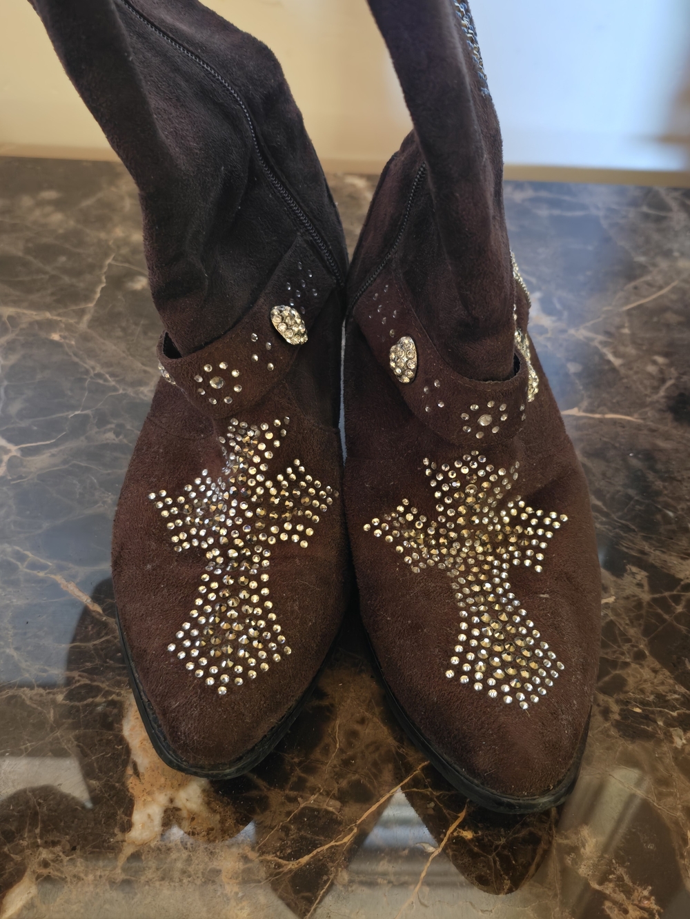 Women's Brown Suede Tall Boots with Studded Cross Detail